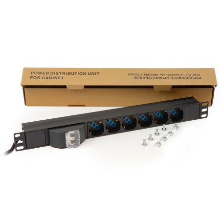 MULTIPRESA ALIMENTAZIONE PER RACK 19" CON 6 PRESE UNIVERSALI TRIPOLARI/SCHUKO MAGNETOTERMICA