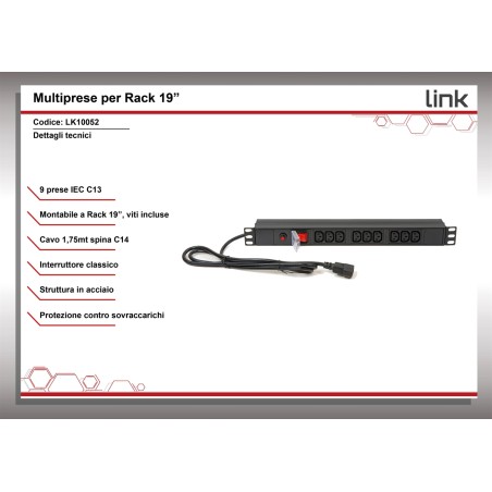 MULTIPRESA 9 PRESE FEMMINA IEC C13 PER ARMADI RACK 19".