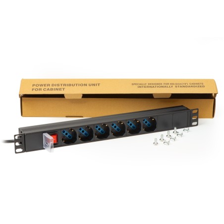 MULTIPRESA DA RACK 19" 6 PRESE UNIVERSALI CON INTERRUTTORE SPINA ITALIANA 16A COLORE NERO VITI INCLUSE