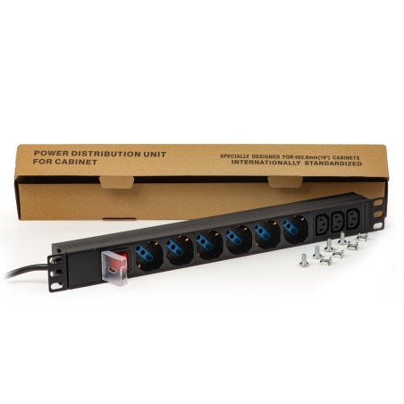 MULTIPRESA DA RACK 19" CON 6 PRESE UNIVERSALI + 3 PRESE C13 CON INTERRUTTORE SPINA ITALIANA 16A