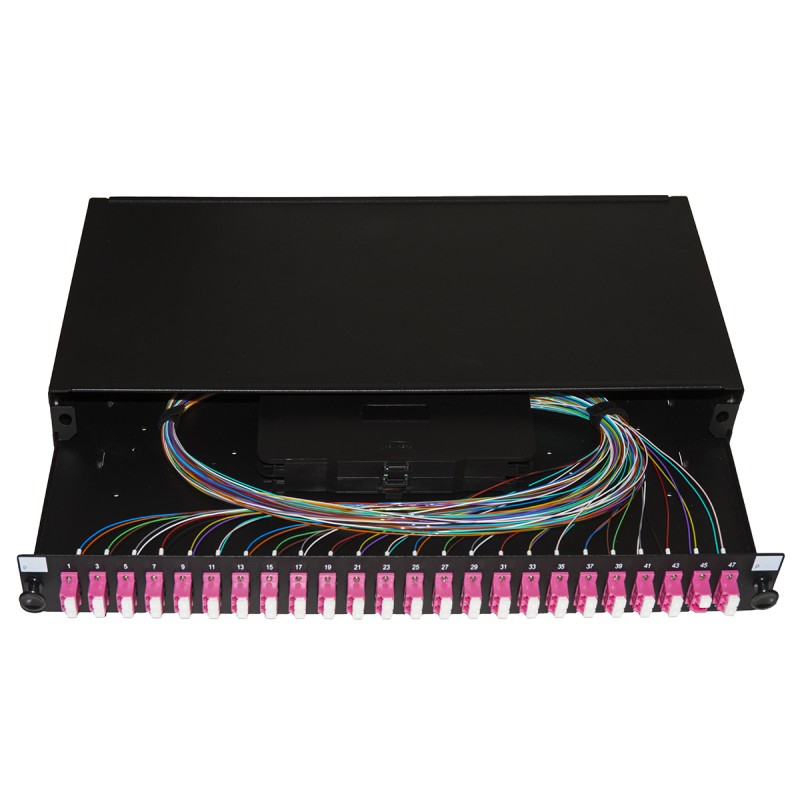 PANNELLO FIBRA OTTICA 19" CON 24 ADATTATORI LC DUPLEX OM4 PROFONDITA' 250 MM CON PIGTAIL INSTALLATI COLORE NERO