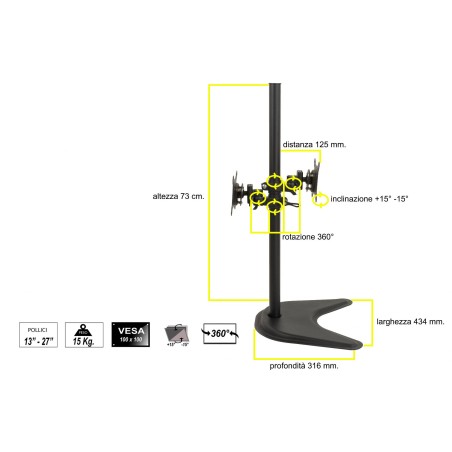SUPPORTO DA TAVOLO CON BASE FINO A DUE VIDEO FINO A 15 KG DA 13 A 27" FINO A VESA 100X100