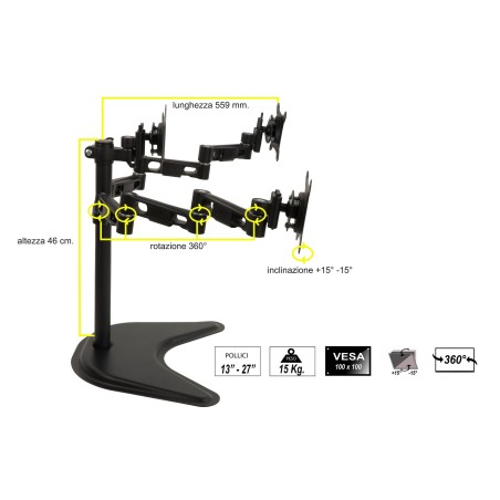 BRACCIO DA TAVOLO CON BASE PER TRE VIDEO FINO A 15 KG DA 13 A 21" FINO A VESA 100X100