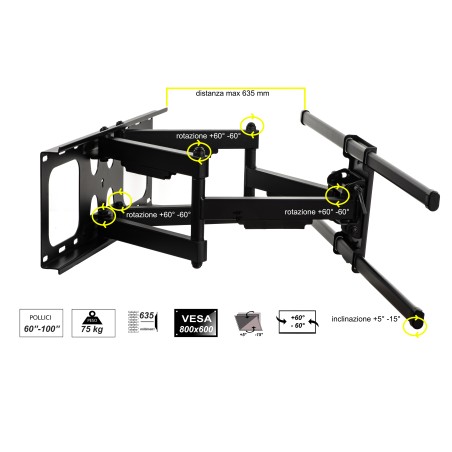 STAFFA A MURO PER MONITOR TV 60-100" FINO A 75 KG ESTENSIONE FINO A 635 MM CON MOVIMENTO ORIZZONTALE E VERTICALE