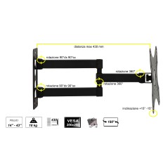 BRACCIO A MURO ALLUNGABILE CON 3 SNODI PER TV LED/LCD DA 14 A 43" FINO A 18KG E VESA 200X200