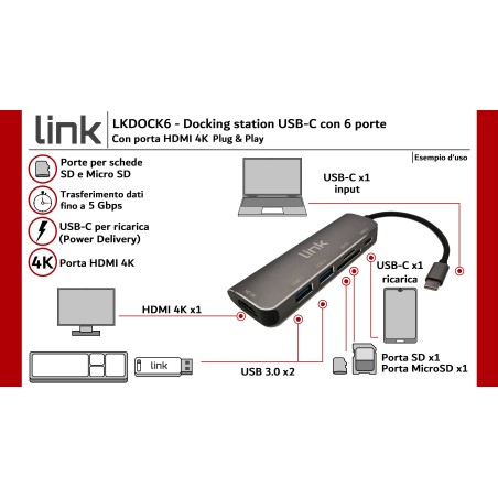 DOCKING STATION USB-C CON 6 PORTE: HDMI® 4K, USB-C, 2XUSB 3.0, LETTORE CARD MICRO SD, SD/MMC