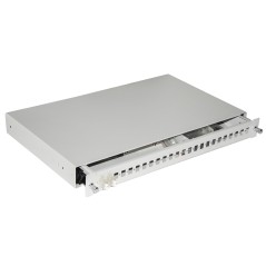 CASSETTO FIBRA OTTICA 24 PORTE PER ADATTATORI LC DUPLEX E SC SIMPLEX 1 UNITA' PER INSTALLAZIONE 19" GRIGIO CON BINARI TELESCOPIC