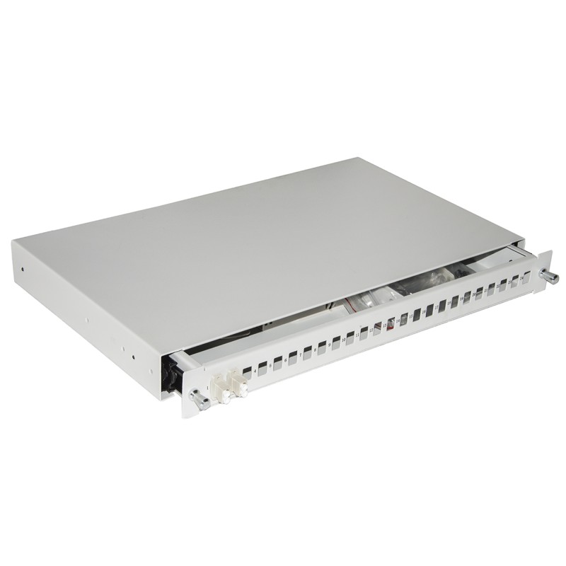 CASSETTO FIBRA OTTICA 24 PORTE PER ADATTATORI LC DUPLEX E SC SIMPLEX 1 UNITA' PER INSTALLAZIONE 19" GRIGIO CON BINARI TELESCOPIC