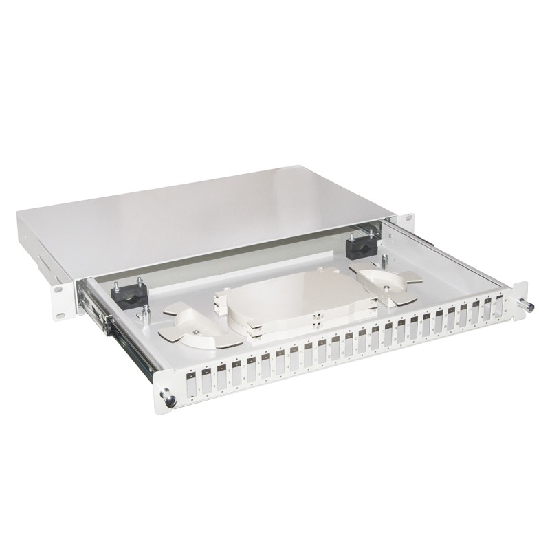 CASSETTO FIBRA OTTICA 24 PORTE PER ADATTATORI SC DUPLEX 1 UNITA' PER INSTALLAZIONE 19" GRIGIO CON BINARI TELESCOPICI