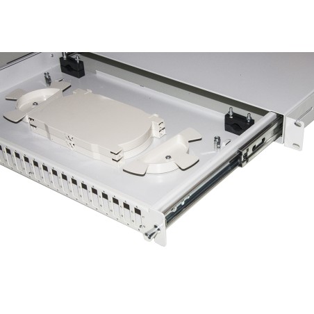 CASSETTO FIBRA OTTICA 24 PORTE PER ADATTATORI SC DUPLEX 1 UNITA' PER INSTALLAZIONE 19" GRIGIO CON BINARI TELESCOPICI