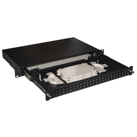 CASSETTO FIBRA OTTICA 24 PORTE PER ADATTATORI SC DUPLEX 1 UNITA' PER INSTALLAZIONE 19" NERO CON BINARI TELESCOPICI