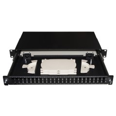 CASSETTO FIBRA OTTICA 24 PORTE PER ADATTATORI SC DUPLEX 1 UNITA' PER INSTALLAZIONE 19" NERO CON BINARI TELESCOPICI