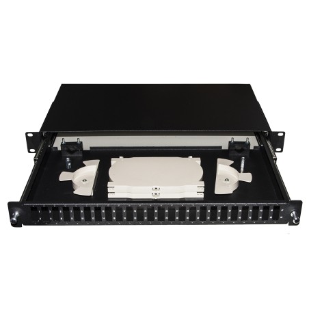 CASSETTO FIBRA OTTICA 24 PORTE PER ADATTATORI SC DUPLEX 1 UNITA' PER INSTALLAZIONE 19" NERO CON BINARI TELESCOPICI