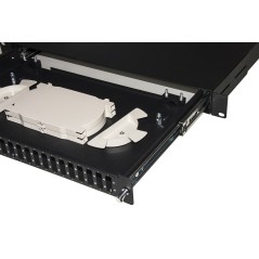 CASSETTO FIBRA OTTICA 24 PORTE PER ADATTATORI SC DUPLEX 1 UNITA' PER INSTALLAZIONE 19" NERO CON BINARI TELESCOPICI
