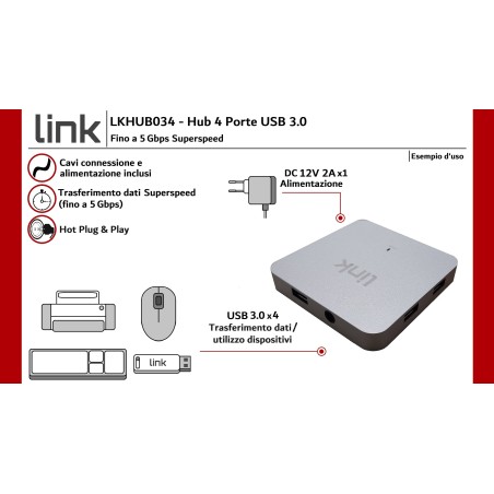 HUB 4 PORTE USB 3.0 CON ALIMENTATORE