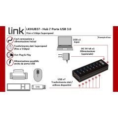 HUB 7 PORTE USB 3.0 IN ALLUMINIO CON ALIMENTATORE