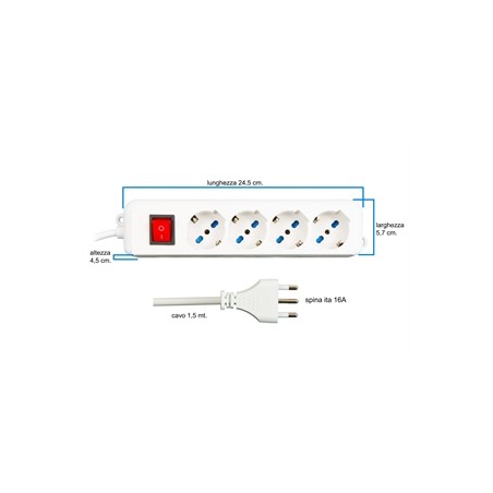MULTIPRESA 4 PRESE UNIVERSALI ITA/SCHUKO 10/16 A - SPINA 16 A CON INTERRUTTORE
