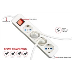 MULTIPRESA 4 PRESE UNIVERSALI ITA/SCHUKO 10/16 A - SPINA 16 A CON INTERRUTTORE