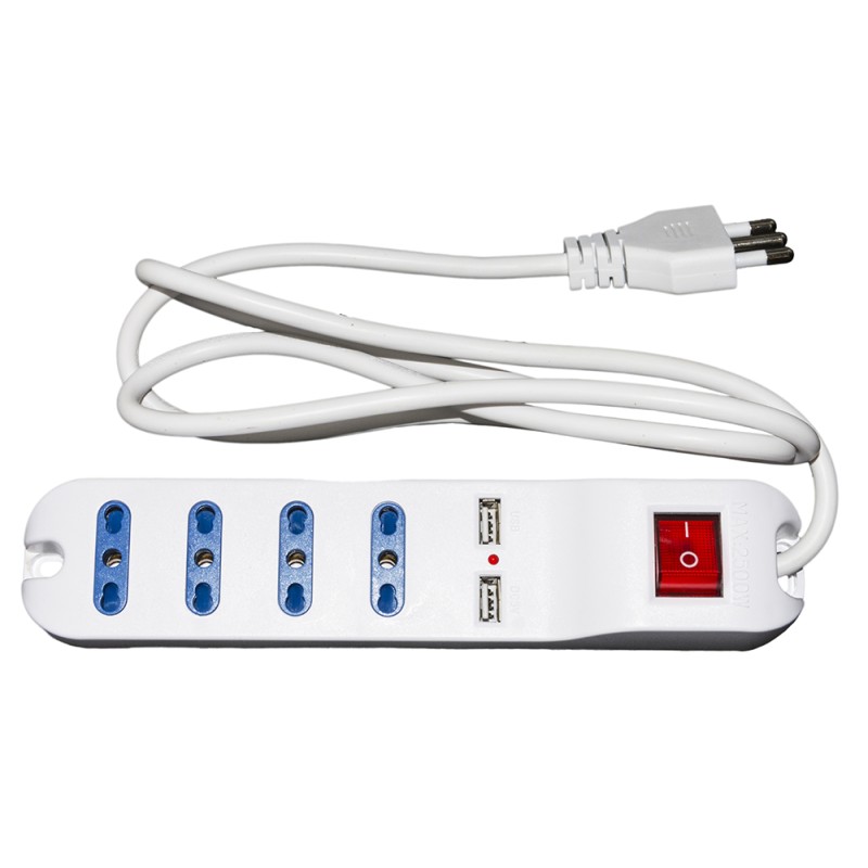 MULTIPRESA 4 PRESE UNIVERSALI ITA 10/16 A - SPINA 16 A CON INTERRUTTORE CON 2 PRESE USB