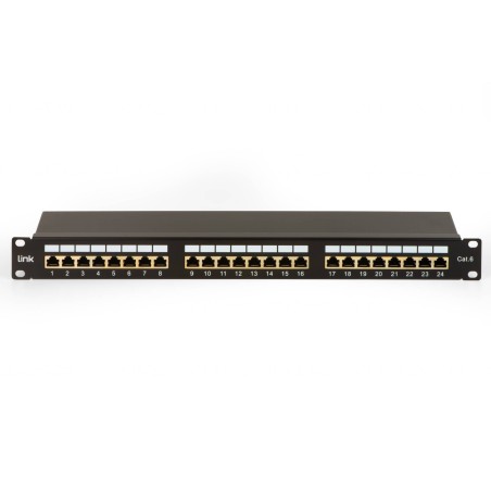 PANNELLO PATCH PER RETI CON 24 PORTE RJ45 CAT 6 SCHERMATO 19" COLORE NERO