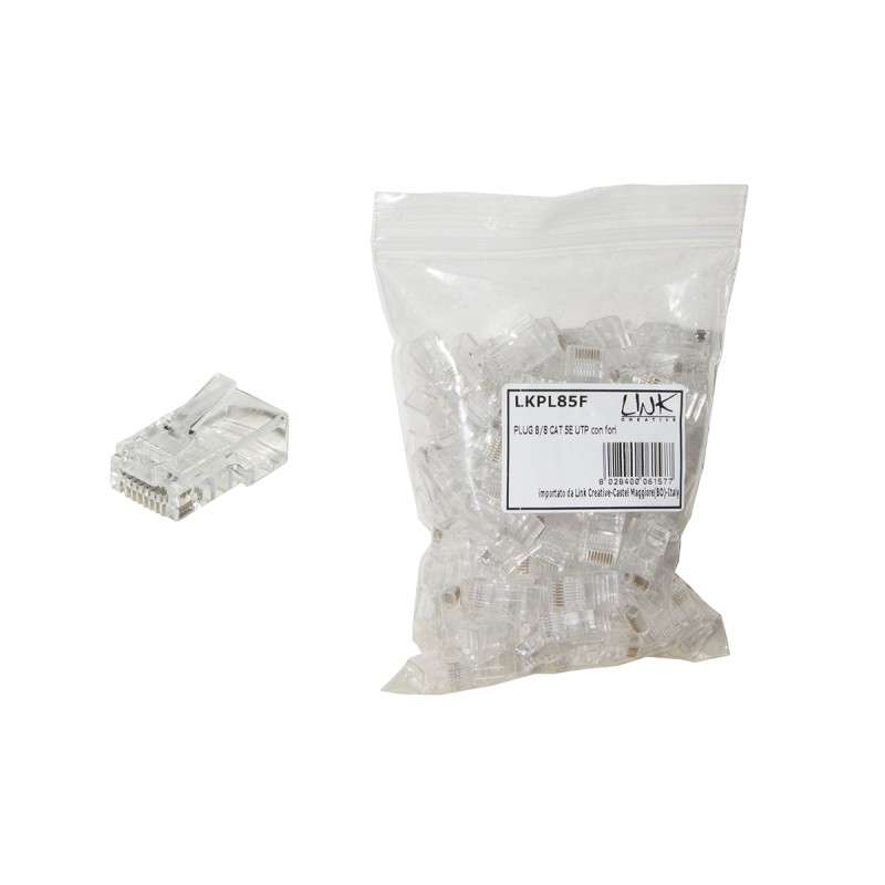 CONFEZIONE 100 CONNETTORI 8 POLI CAT 5E UTP NON SCHERMATO PER CAVO FLESSIBILE RJ45 CON FORI PER AGEVOLARE INSERIMENTO CAVI