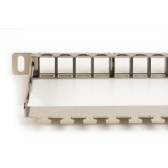 PANNELLO PATCH VUOTO IN METALLO CON BARRA SUPPORTO POSTERIORE 1/2 UNITA' PER CONNETTORI SCHERMATI CON PRESA A TERRA VITI INCLUSE