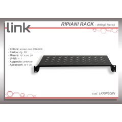 RIPIANO PER ARMADIO 19" 1 UNITA' PROFONDITA' 200 MM. (UNIVERSALE) 2 ATTACCHI (FRONTALI) COLORE NERO