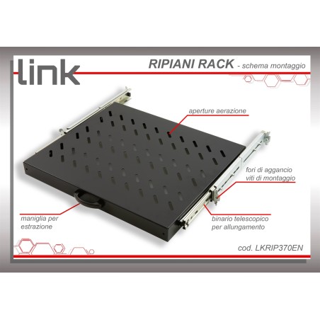 RIPIANO UNIVERSALE PER ARMADIO RACK 19" ESTRAIBILE SU BINARI TELESCOPICI 1 UNITA' NERO 370 MM.