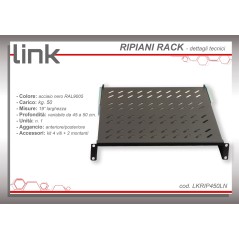 RIPIANO PER ARMADIO 19" 1 UNITA' PROFONDITA' 450 MM. (UNIVERSALE) 4 ATTACCHI (FRONTALE+POSTERIORE) COLORE NERO