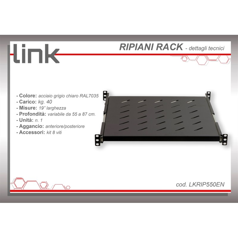 RIPIANO UNIVERSALE PER ARMADIO RACK 19" ESTRAIBILE SU BINARI TELESCOPICI 1 UNITA' NERO 550MM.