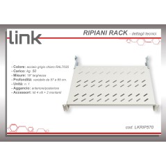 RIPIANO UNIVERSALE PER ARMADIO RACK 19" ALLUNGABILE 570 MM CON 4 AGGANCI GRIGIO