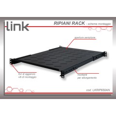 RIPIANO PER ARMADIO RACK 19" ALLUNGABILE 650 MM CON 4 AGGANCI NERO