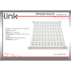 RIPIANO UNIVERSALE PER ARMADIO RACK 19" ALLUNGABILE 720 MM CON 4 AGGANCI GRIGIO