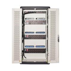 ARMADIO ALLOGGIAMENTO 45 TABLET CON RUOTE MULTIPRESE INCLUSE VENTOLE DI RAFFREDDAMENTO PORTA IN ACCIAIO TRAFORATA COLORE GRIGIO