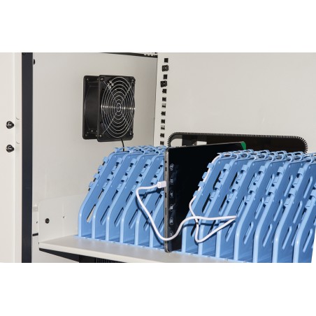 ARMADIO ALLOGGIAMENTO 60 TABLET CON RUOTE MULTIPRESE INCLUSE VENTOLE DI RAFFREDDAMENTO PORTA IN ACCIAIO TRAFORATA COLORE GRIGIO
