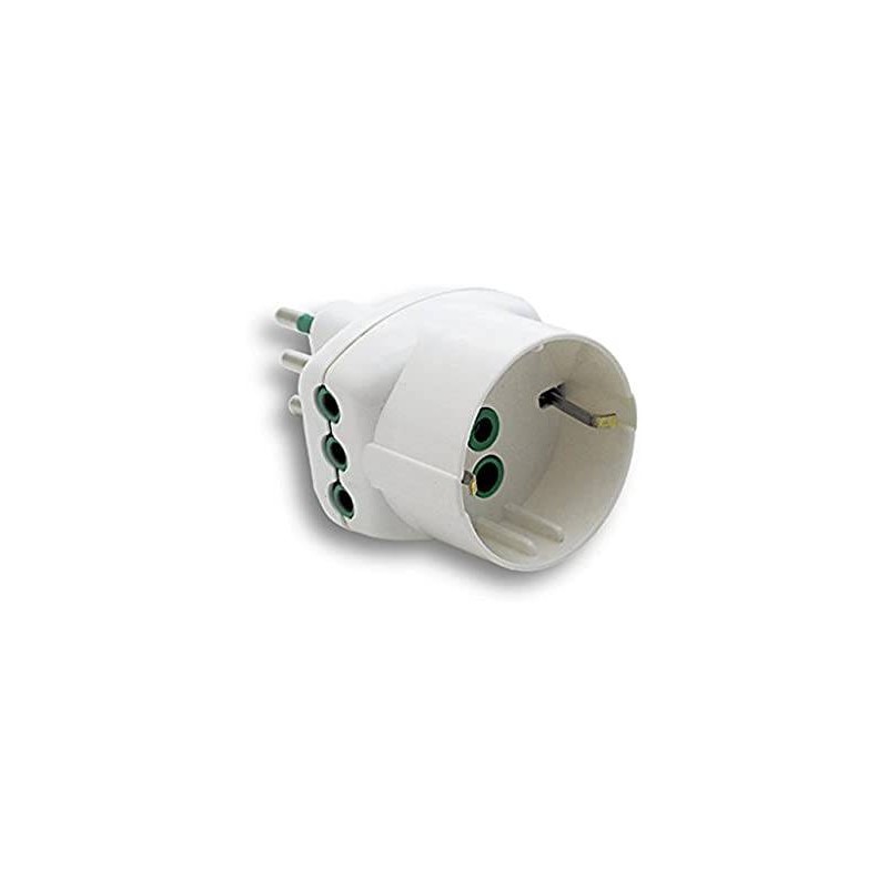ADATTATORE TRIPLO CON SPINA ITALIANA TRIPOLARE 10A, 2 PRESE TRIPOLARI ITALIANE 10A E 1 PRESA TRIPOLARE ITALIANA/SCHUKO 10A