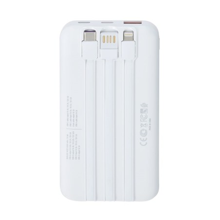 BATTERY BANK (10000 MAH) 22,5W FAST CHARGER CON 3 CAVI INTEGRATI ( DI CUI TYPE C ED USB CON FUNZIONE RICARICA ) BIANCA